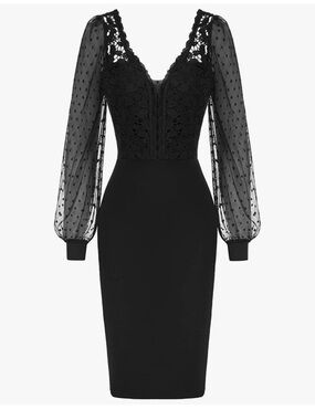 Grace Karin Black Lace V-Neck Sheath Dress with Polka Dot Mesh Sleeves WORN ONCE
